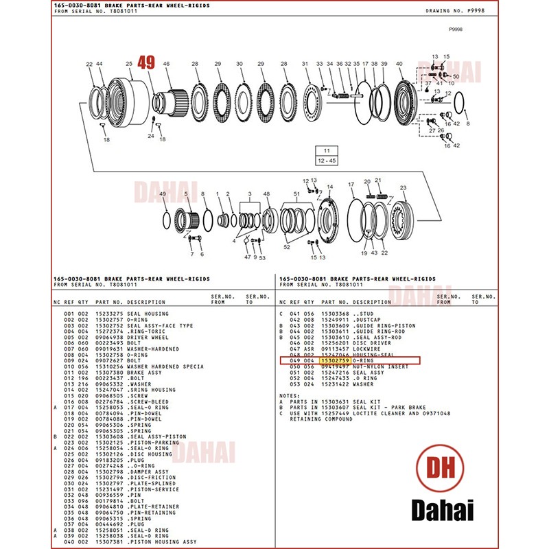 Dahai Japan Heavy Dump truck accessories Automobile chassis O RING 15302759 terex spare parts brake TR100 TEREX - 副本